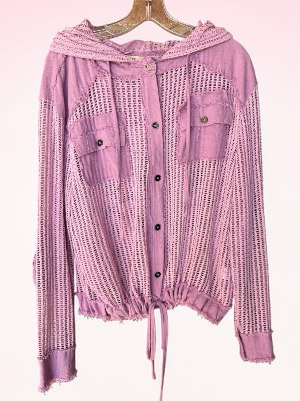 Blue Velvet Lavender Crochet Mesh Frayed Hooded Jacket Size Medium